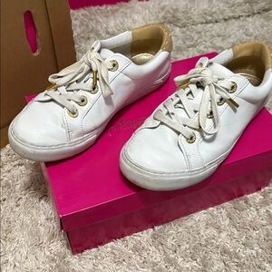 Lilly Pulitzer Lux Hallie White Sneakers with Gold Accents 4316 SKU